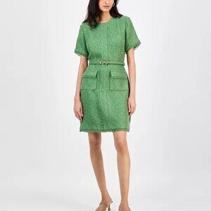 Tahari ASL Petite Short-Sleeve Belted Tweed Shift Dress